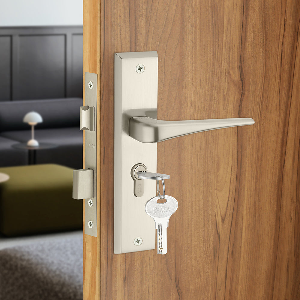 IPSA Navy Iris Handle Series on 8" Plate CYS Lockset with 60mm Both Side Key - Matte Satin Nickel Finish FSS